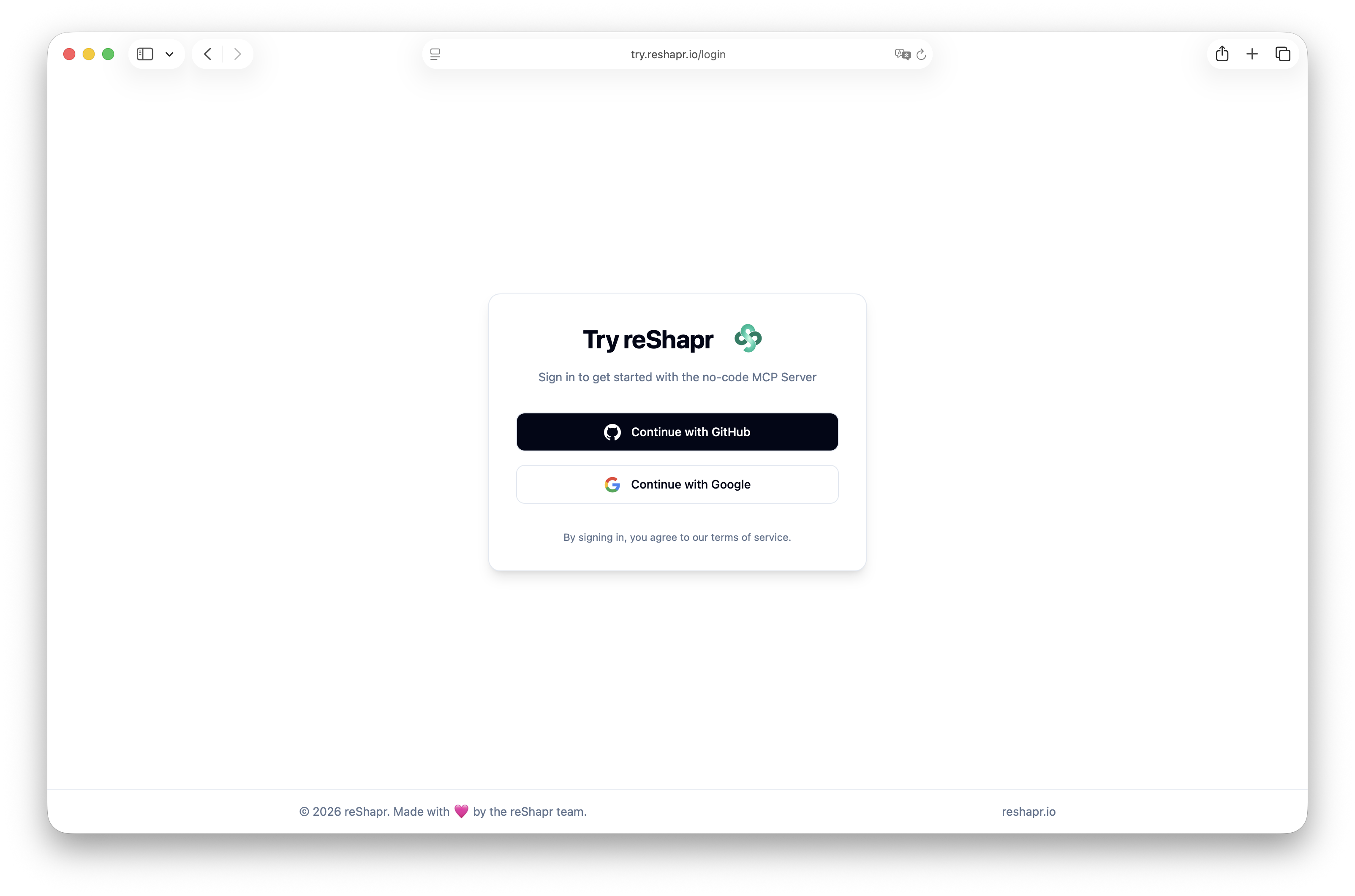 Step 1 — Select GitHub or Google to authenticate with reShapr Try