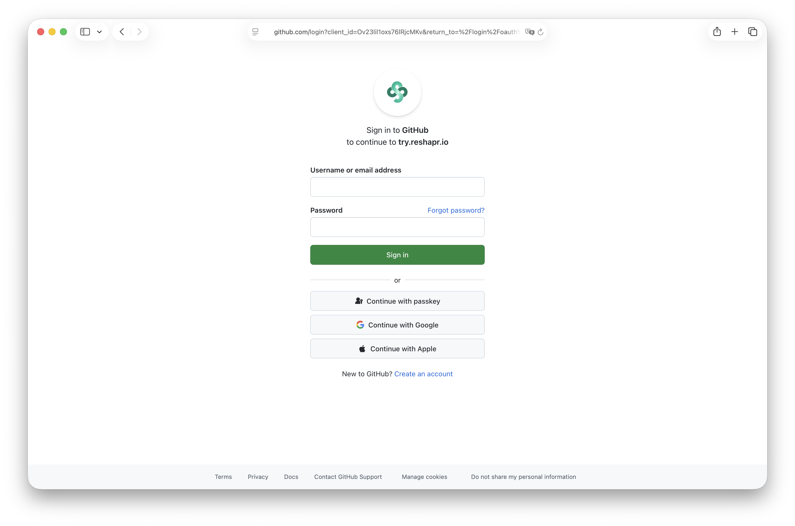 Step 2 — GitHub sign-in form for reShapr Try authentication