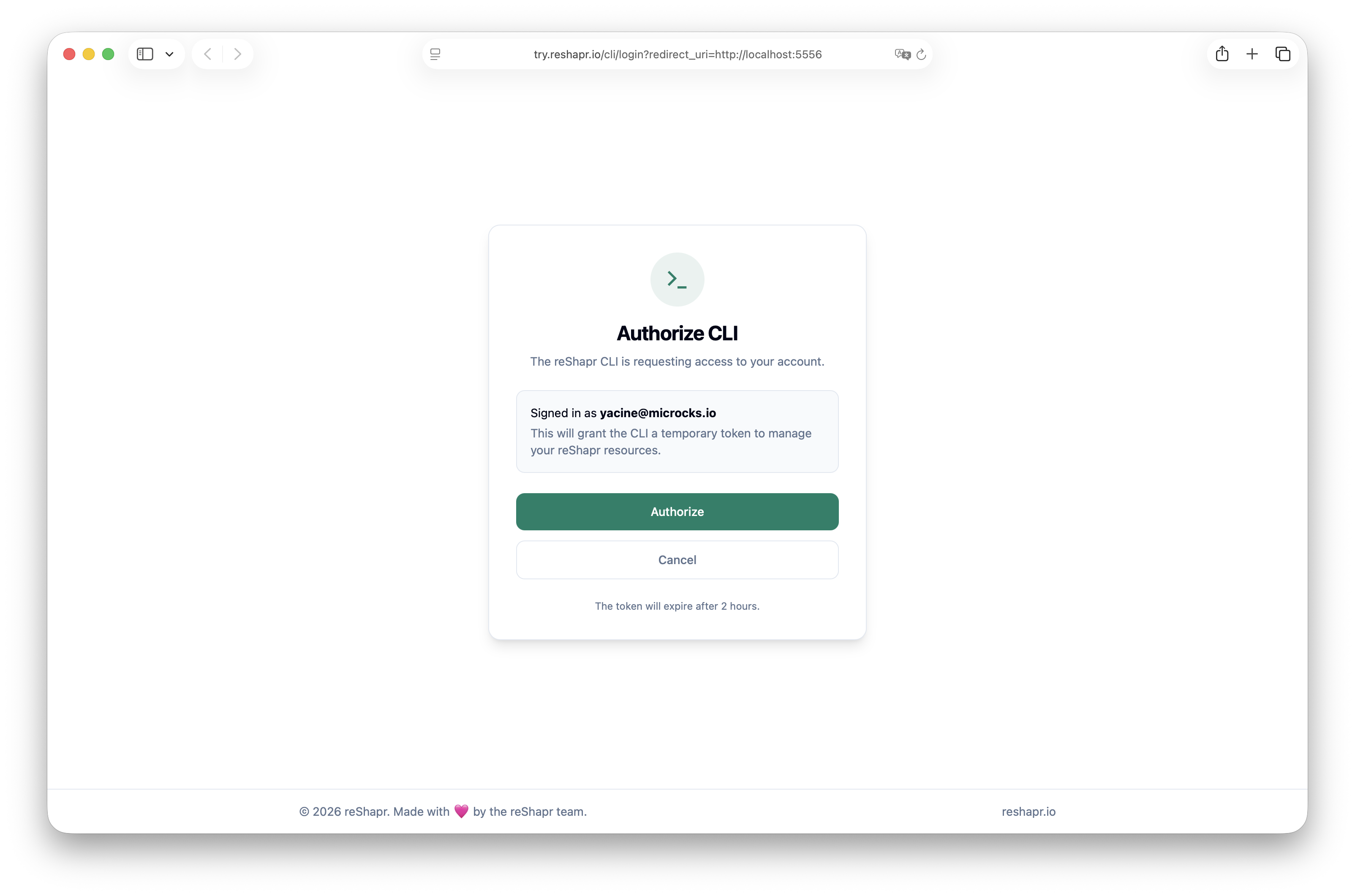 Step 5 — Authorize the reShapr CLI in the browser