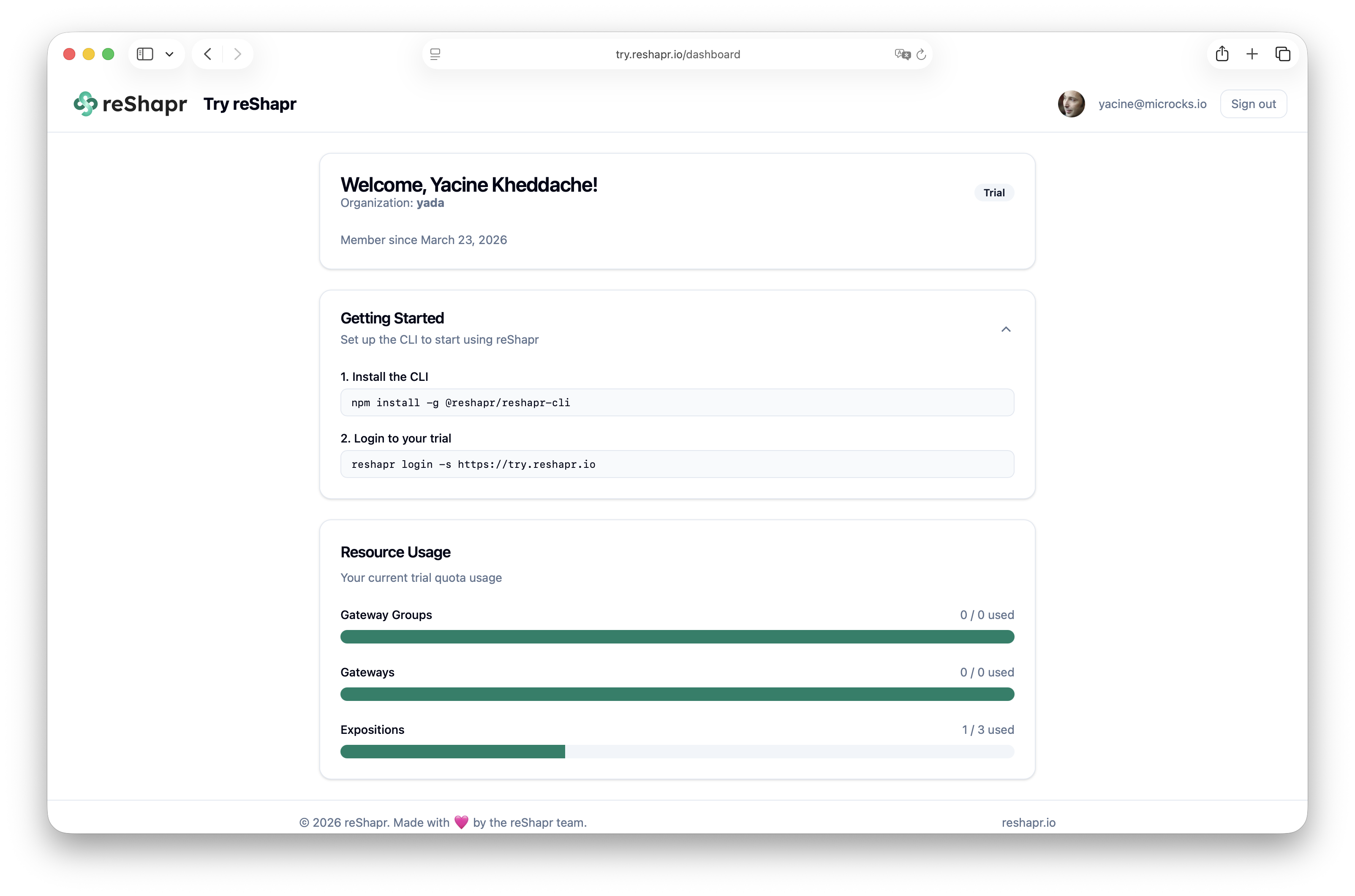 Step 7 — reShapr Try online dashboard after successful login