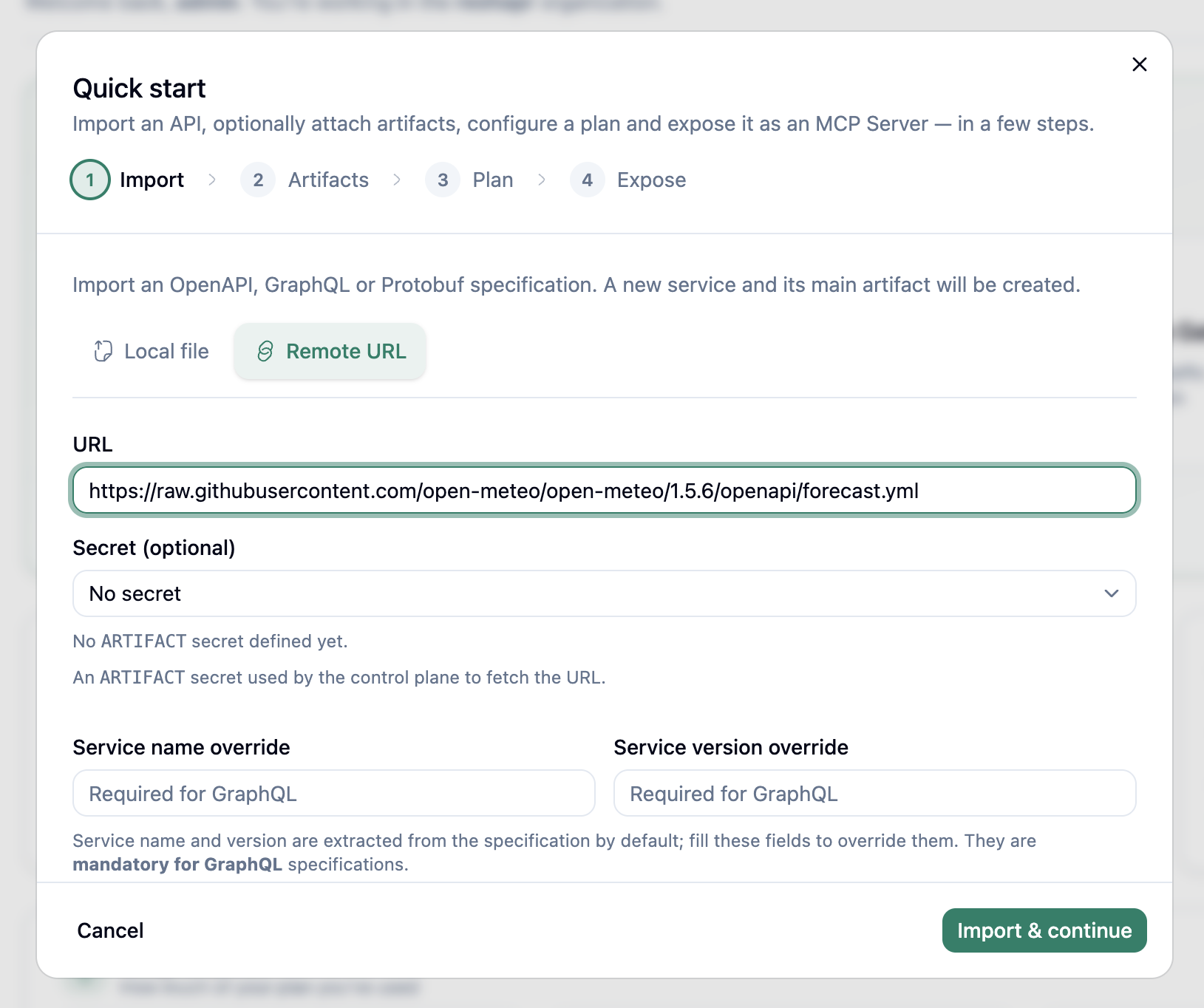 Quick Start Import stage with the Open-Meteo OpenAPI URL and no Artifact Secret selected