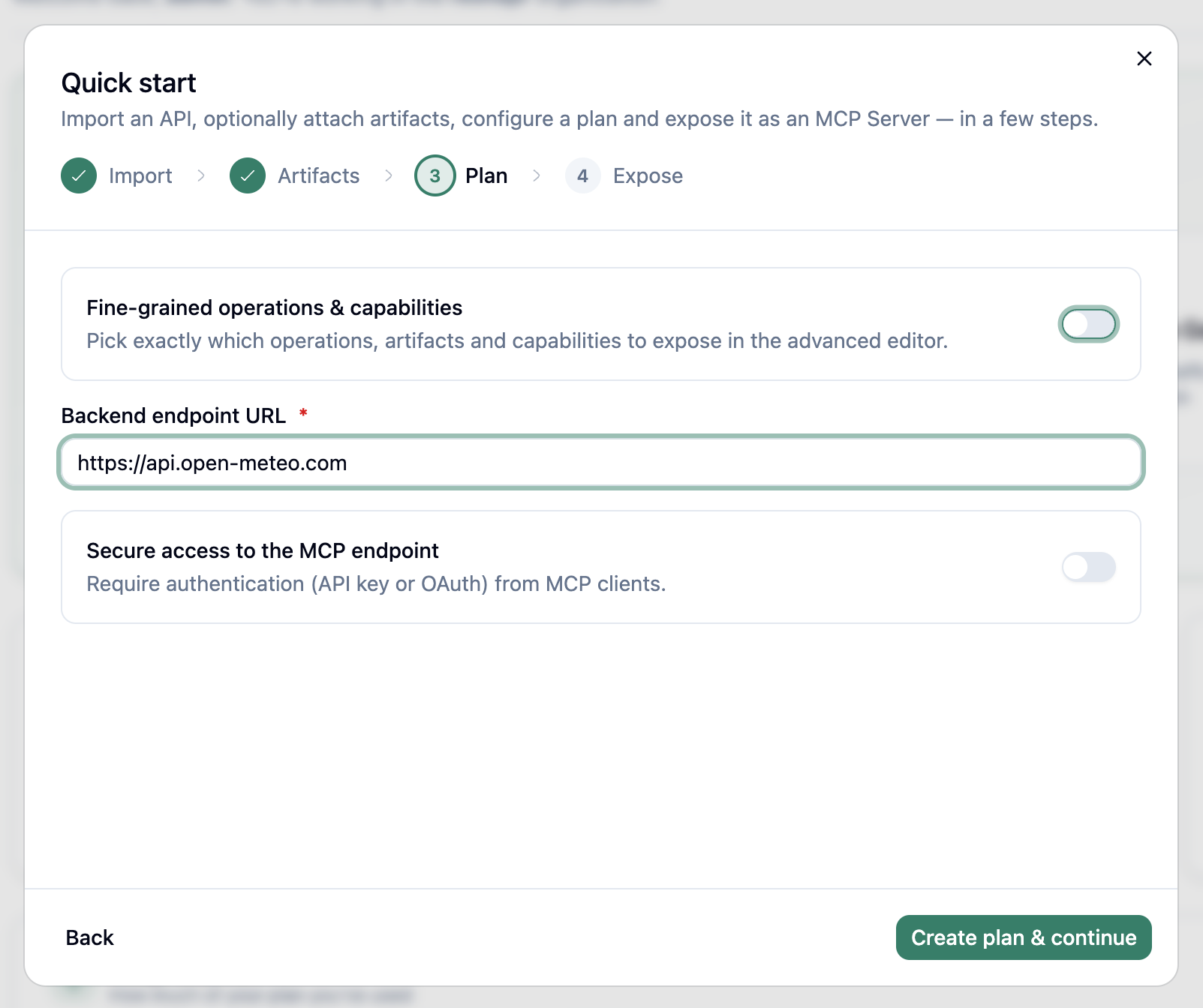 Quick Start Plan stage with the Open-Meteo backend endpoint and endpoint security disabled