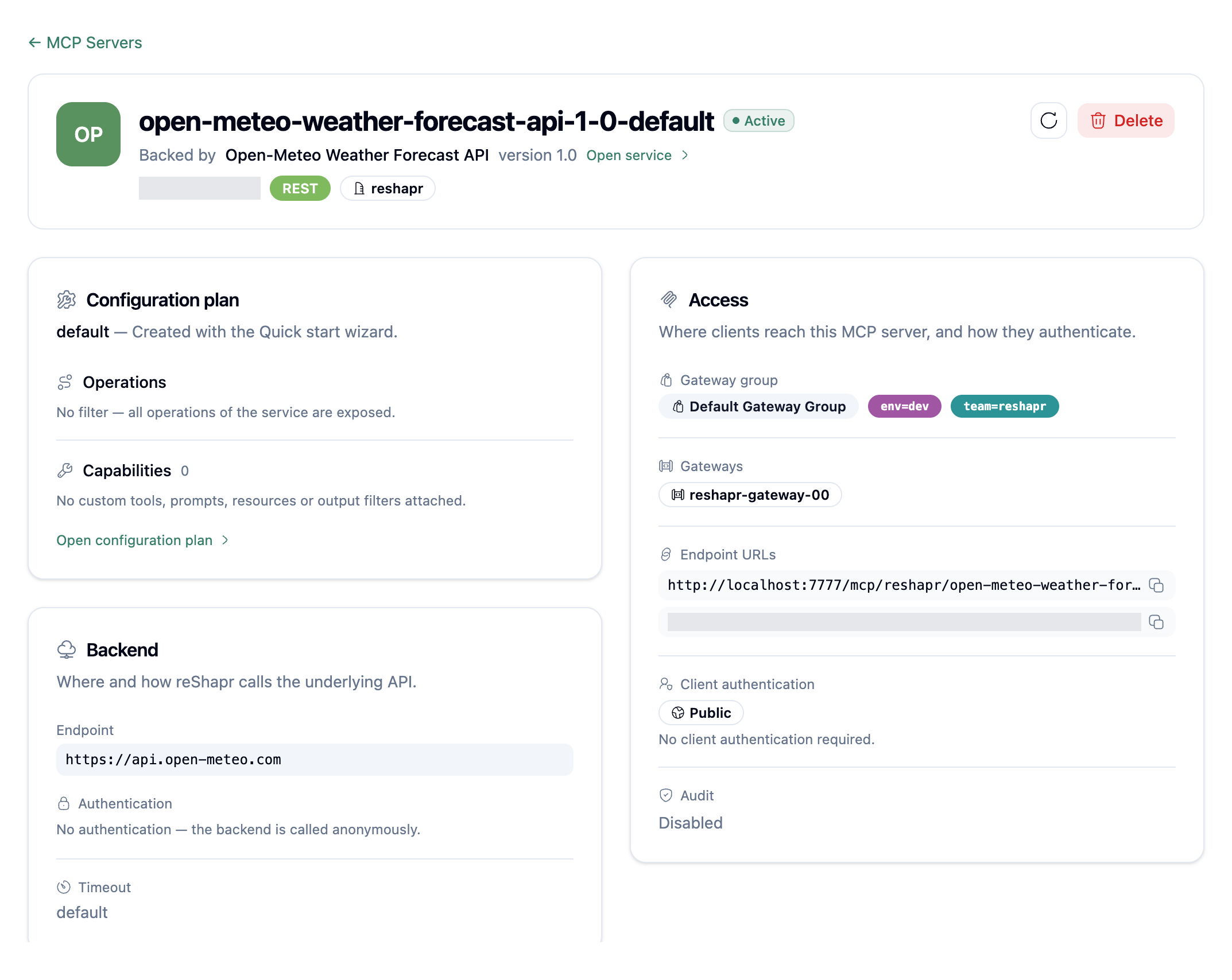 Active Open-Meteo MCP Server showing the default Plan, connected Gateway, backend, and endpoint URLs