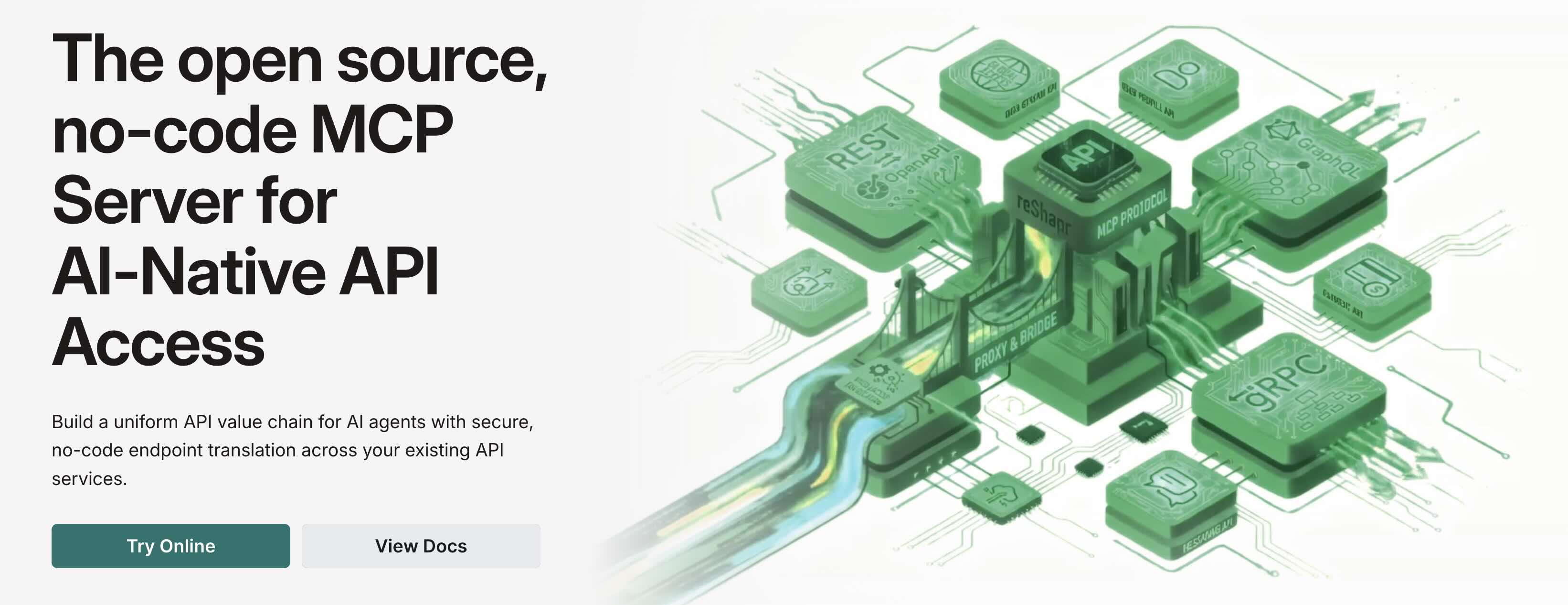 Diagram showing reShapr translating REST, gRPC, and GraphQL APIs into AI-native MCP endpoints without code changes